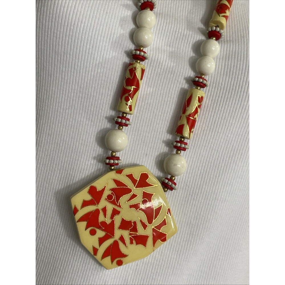 VINTAGE Japan Acrylic Bead Necklace White Red Black Gold Modernist Pendant 30”